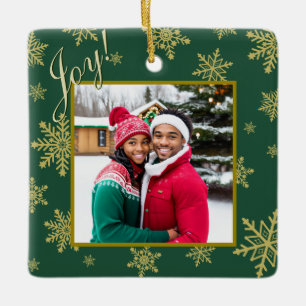 Freude! Jägergrüne Weihnachtsfoto mit goldenen Sch Keramikornament