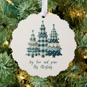 Freude, Liebe und Frieden Blau Karierte Weihnachts Ornament Karte
