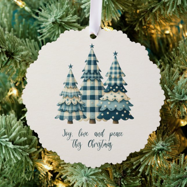 Freude, Liebe und Frieden Blau Karierte Weihnachts Ornament Karte (Insitu (Baum))