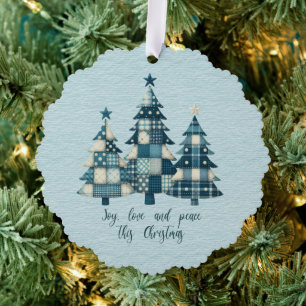 Freude, Liebe und Frieden Blau Karierte Weihnachts Ornament Karte