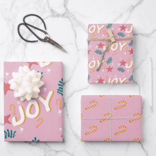 Freude rosa trendige Weihnachts-Lutscher-Streifen Geschenkpapier Set
