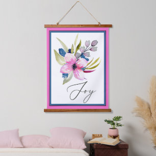 Freude rosa und blaue Aquarell-Blumen  Wandteppich Mit Holzrahmen