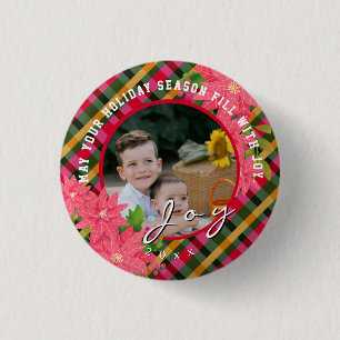 Freude Weihnachten Poinsettia Foto Kariert Button