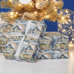 Freude zum Weihnachtsfest Schnee Nacht Haus Geschenkpapier