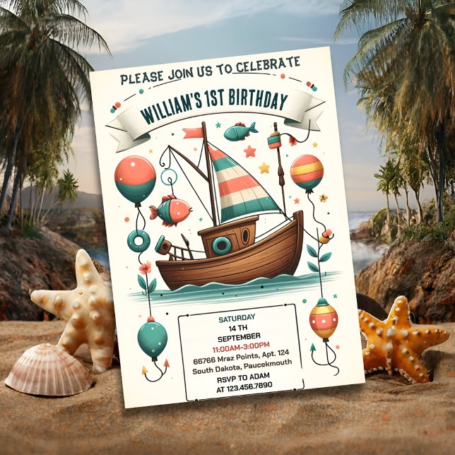 Freudenboot niedlicher Junge Fischen am 1. Geburts Einladung (Von Creator hochgeladen)