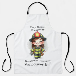 Freudenfeuerwehrer in heller Ausrüstung mit Kamera Schürze