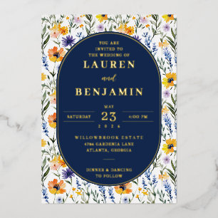 Freudige Navy Blumen Hochzeitseinladung Folieneinladung