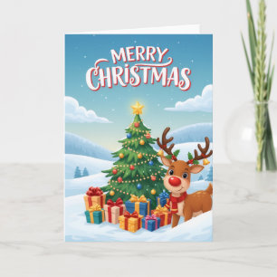 Freudige Weihnachtsbaum-Grußkarte mit Rentier Karte