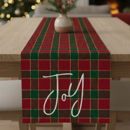Freudiges Weihnachtsfest Rot & Grün Tartan Muster Kurzer Tischläufer