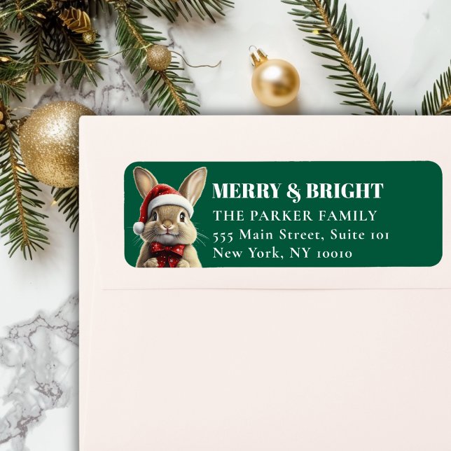 FREUE Weihnachten! Adorable, Kaninchen, Weihnachts (MERRY & BRIGHT! Adorable, Rabbit With Red Santa Hat and Ribbon, Green Address Return Labels.)