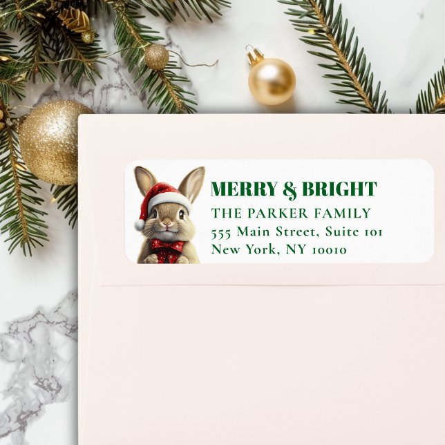 FREUE Weihnachten! Adorable, Kaninchen, Weihnachts (MERRY & BRIGHT! Adorable, Rabbit With Red Santa Hat and Ribbon, Address Return Labels.)