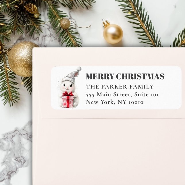 FREUE Weihnachten! Adorable, weiße Kaninchen-Weihn (MERRY & BRIGHT! Adorable, White Rabbit With Santa Hat, Address Return Labels. )