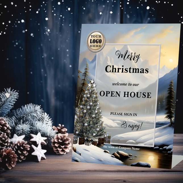 Freuen Sie sich auf das Open House für Weihnachten Sockelschild (Business tabletop sign Christmas Open House template featuring a winter landscape with tree and logo)