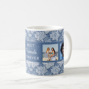 Freunde für immer Foto Collage Blue Denim Spitzen Kaffeetasse