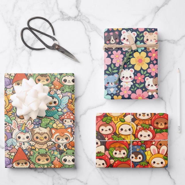 Freunde-Parade | Süße Tier-Verpackungspapiere Geschenkpapier Set (Vorderseite)