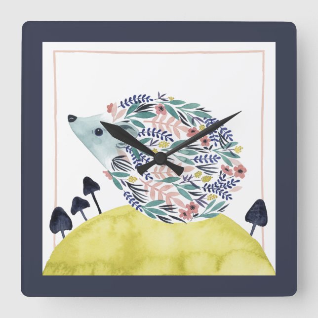 Freunde von Clementine | Folk Art Hedge Hog Quadratische Wanduhr (Vorderseite)