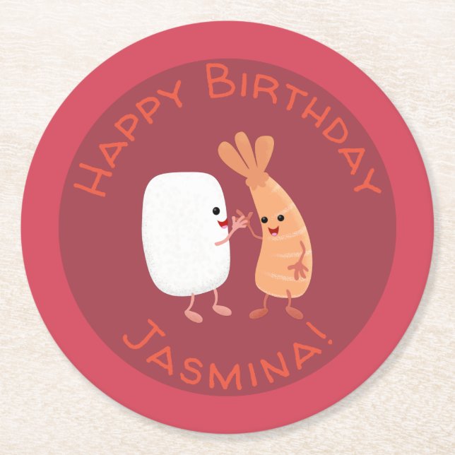 Freunde von niedlichem Sushi-Reis Cartoon Runder Pappuntersetzer (Vorderseite)