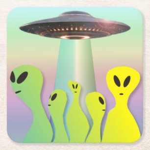 Freundliche Außerirdischen & UFO gelb & grün Rechteckiger Pappuntersetzer