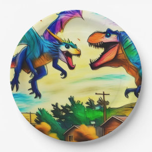 Freundliche Begegnung - Drache und Dinosaurier Pappteller
