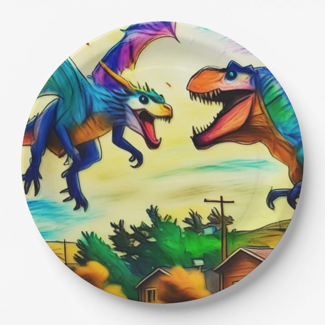 Freundliche Begegnung - Drache und Dinosaurier Pappteller (Vorderseite)