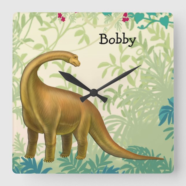 Freundliche Brachiosaurus-Dinosaurier-Wanduhr Quadratische Wanduhr (Vorderseite)