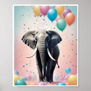 Freundliche Elefanten bunten Ballons Confetti Art Poster