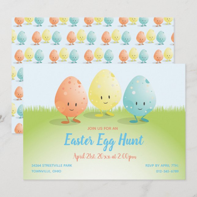 Freundliche Osterei-Jagd-horizontaler Cartoon Einladung (Vorne/Hinten)