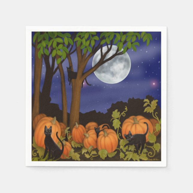 Freundliche Schwarze Katzen in Kürbispatch Hallowe Serviette (Vorderseite)