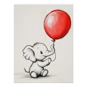Freundlicher Baby-Elefant mit rotem Ballon Poster