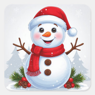 Freundlicher Schneemann mit Weihnachtsmannmütze im Quadratischer Aufkleber