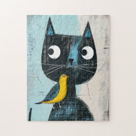 Freundliches Comic Schwarze Katze mit Gelbvogel Puzzle