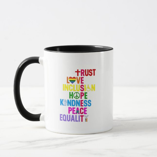 Freundlichkeit Frieden Gleichstellung Liebe Inklus Tasse (Links)