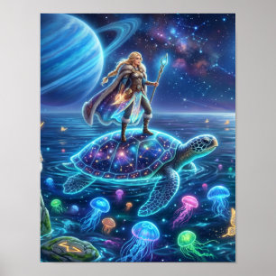 Freya reitet auf der Welt-Schildkröte-Nordische Fa Poster