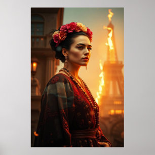 Frida in Flammen - Surreal Portrait Poster