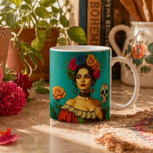 Frida inspirierte Blumenporträtkunst Kaffeetasse