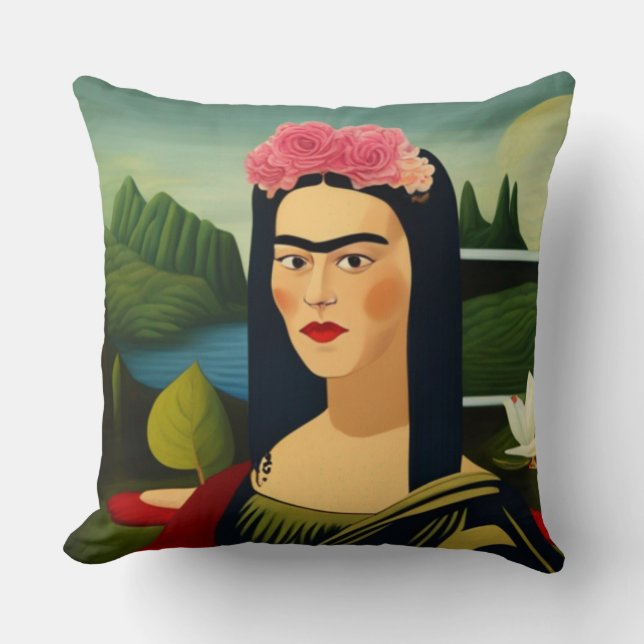 Frida Kahlo als Mona Lisa Throw Pillow Kissen (Vorderseite)