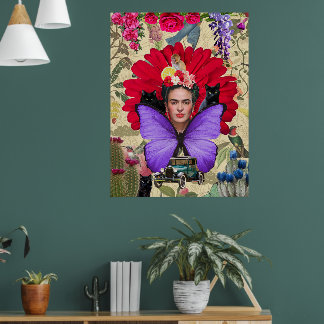 Frida Kahlo Cat Monkey Farbenfrohe BlumenCollage Poster
