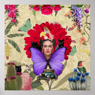 Frida Kahlo Cat Monkey Farbenfrohe BlumenCollage Poster