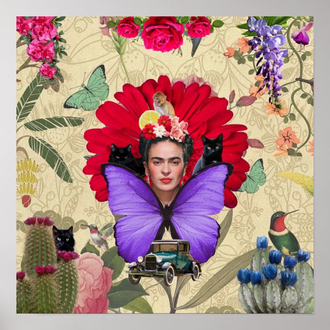 Frida Kahlo Cat Monkey Farbenfrohe BlumenCollage Poster (Vorne)