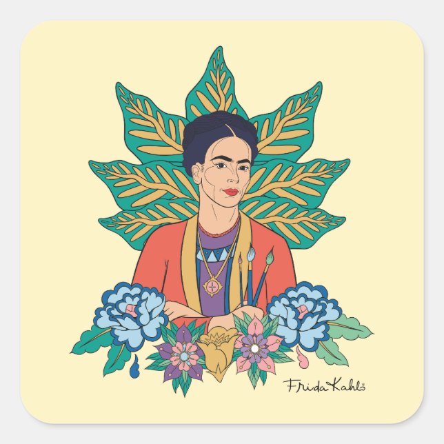 Frida Kahlo Colorful Floral Graphic Quadratischer Aufkleber (Vorderseite)