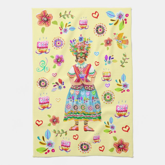 Frida Kahlo Flower Folk Art Inspiration Geschirrtuch (Vertikal)