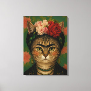 Frida Kahlo Katzenporträt Florale Kunst Druck Leinwanddruck