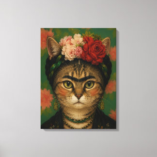 Frida Kahlo Katzenporträt Florale Kunst Druck Leinwanddruck