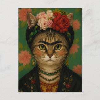 Frida Kahlo Katzenporträt Florale Kunst Druck Postkarte