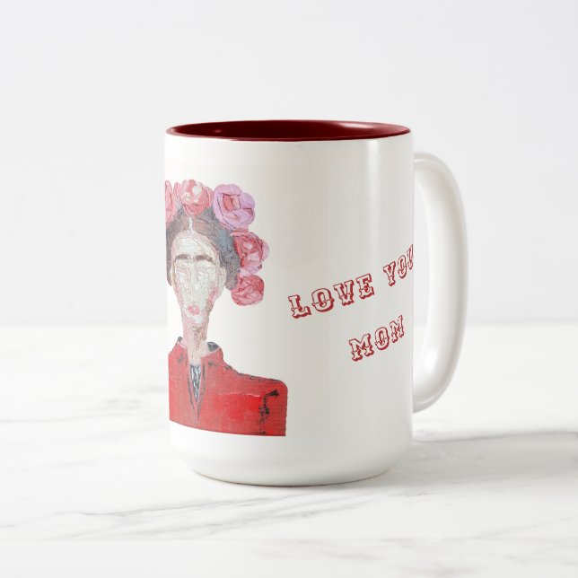 Frida Kahlo Liebe Sie Mama Weiß und Rot Gesichtslo Zweifarbige Tasse (VorderseiteRechts)
