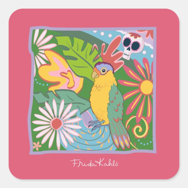 Frida Kahlo Parrot Graphic Quadratischer Aufkleber (Vorderseite)