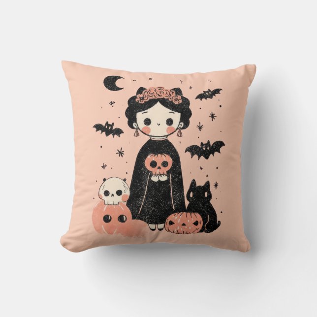 Frida Kahlo Pink Pasteloween Spooky Niedlich Hallo Kissen (Vorderseite)