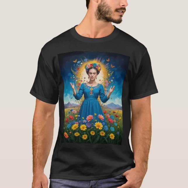 Frida Kahlo Pixel-Art mit schwarzer und blauer Kat T-Shirt (Vorderseite)