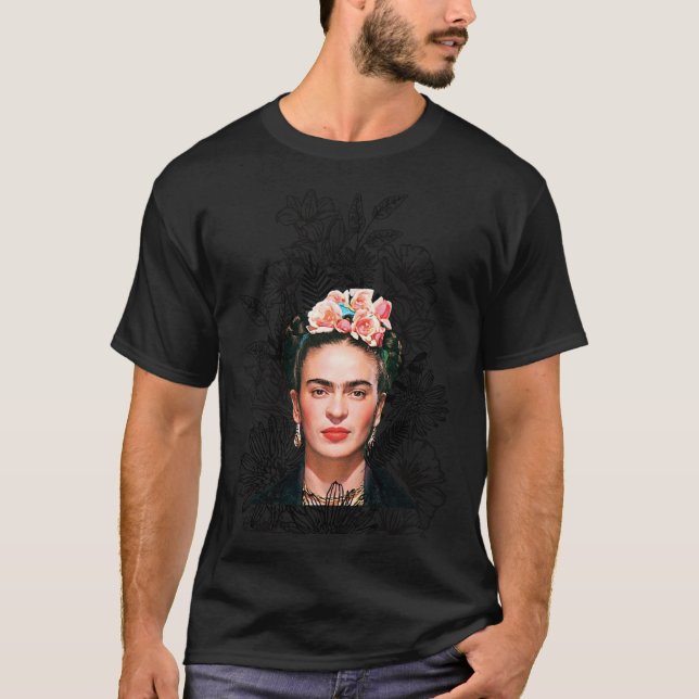 Frida Kahlo Porträtfarbe, Schwarzweiß-Blume T-Shirt (Vorderseite)
