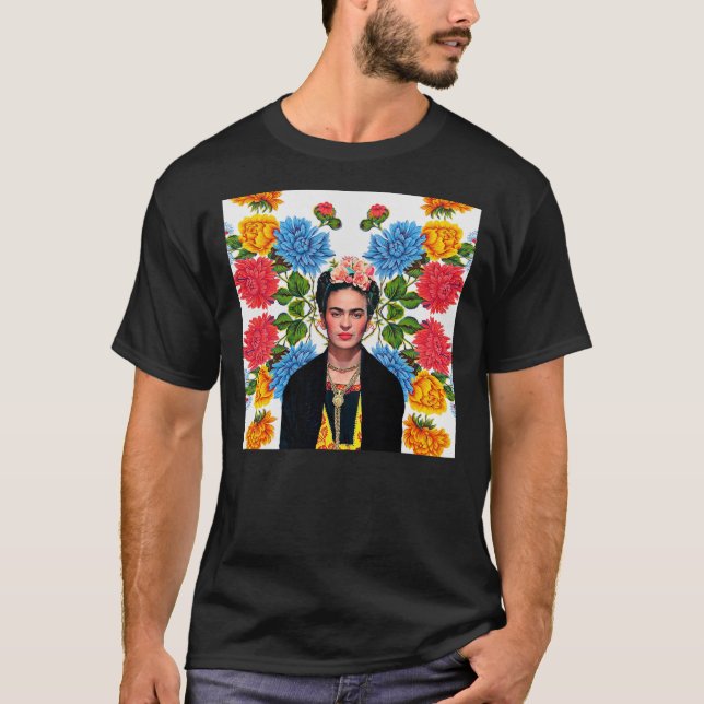 Frida Kahlo print, Blume, Farbe auf weiß mexikanis T-Shirt (Vorderseite)